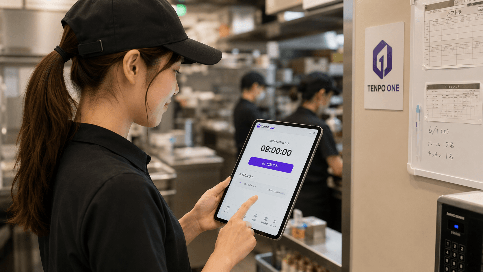 厨房でタブレットに出勤を打刻するスタッフ